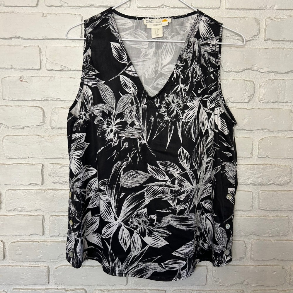 C & C California Gray Sleeveless Floral Blouse Women's Size Medium Tank